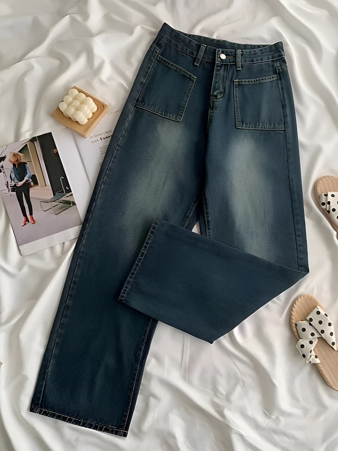 Women's wide and flared jeans: high waist, straight cut, loose fit, slimming, trousers, plus size, casual style