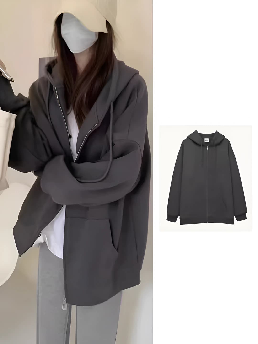 Women's thin oversized zip-up hoodie, Korean style, solid colour, loose fit
