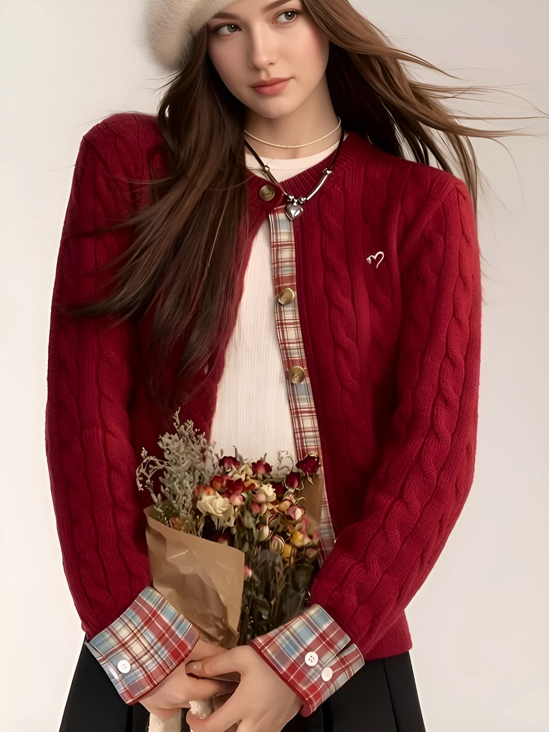 Women's embroidered knit cardigan, autumn-winter, crew neck, long sleeve, loose fit, solid colour