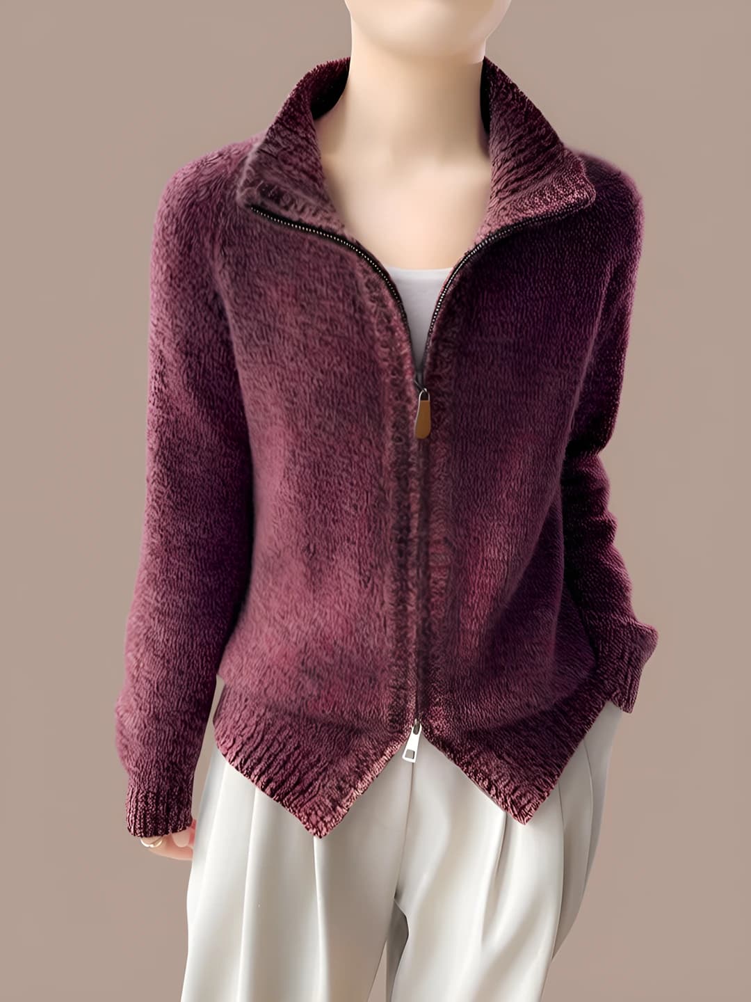 Women's 100% wool zip-up cardigan, thickened, lapel collar, long sleeve
