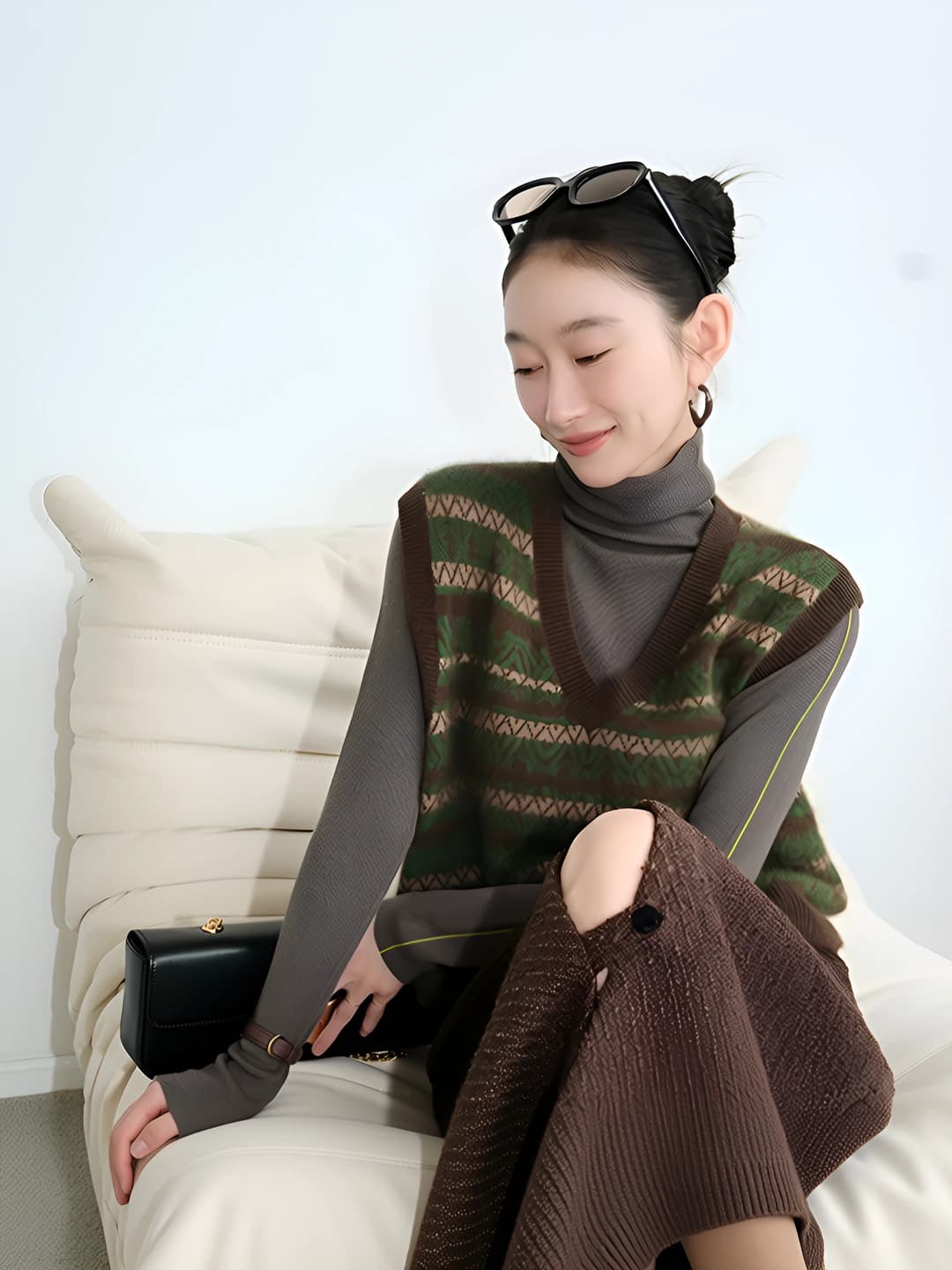 Women's spring V-neck sleeveless loose fit color-blocked polyester vest