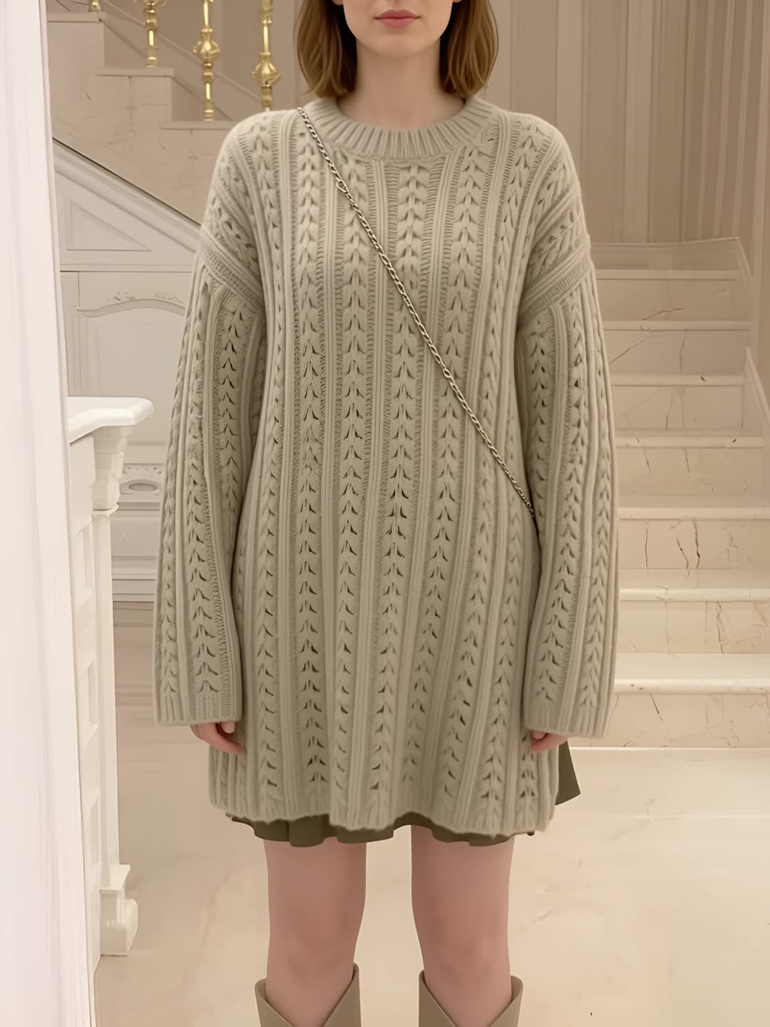 Ayollar uchun dumaloq yoqa, uzun yengli, bo'sh (oversize) kesimli, nozik ko'rsatadigan, bir rangli, o'rta-uzun sviter
