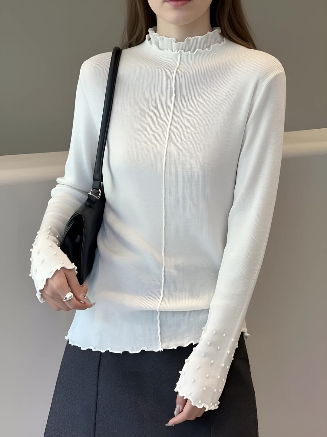Women's knit long-sleeve top with wool and mulberry silk, mock neck, slim fit, thin, for early autumn