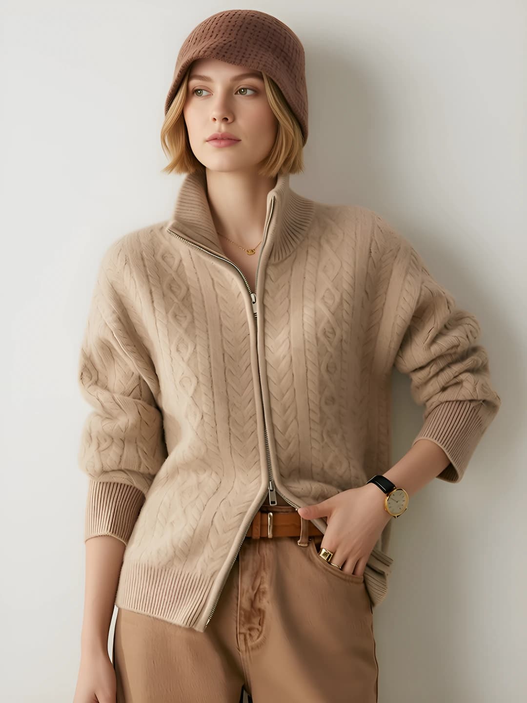 Women's cashmere cardigan autumn-winter, stand collar, cable knit, zip, thickened, retro, loose fit