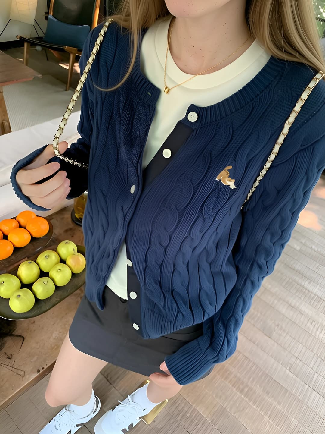 Women's 2026 spring-autumn navy crew neck cable knit embroidered knit cardigan, loose fit, long sleeve