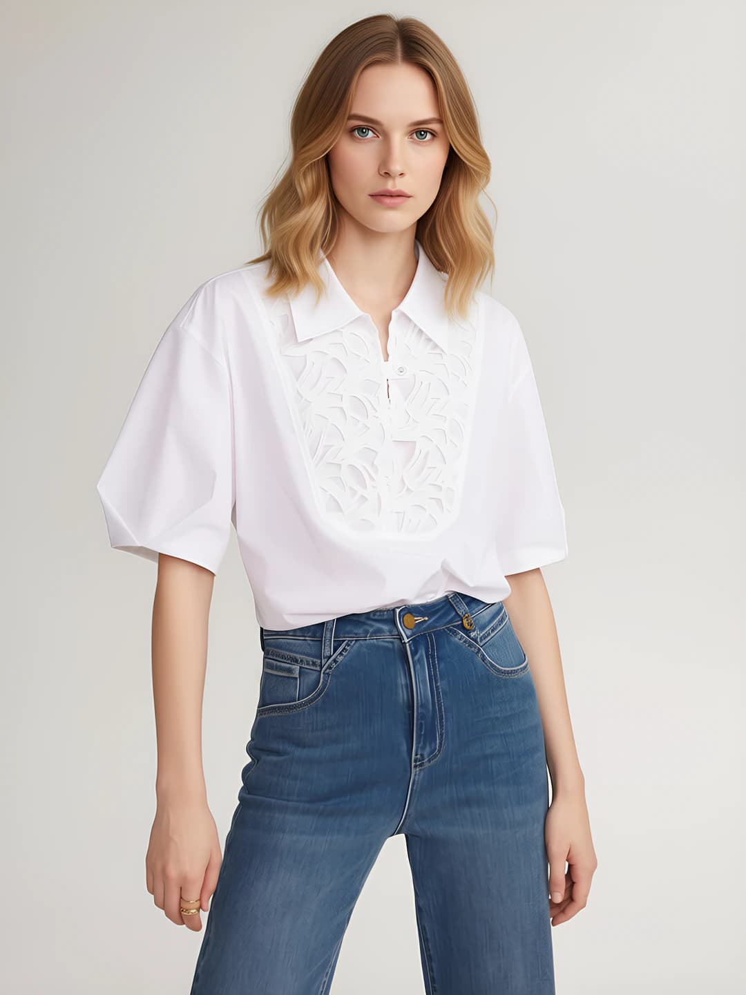 Ayollar uchun kalta yengli ko'ylak-shirt, POLO yoqa, bir rangli, bo'sh (oversize) kesim, dantel elementli, 95% poliester