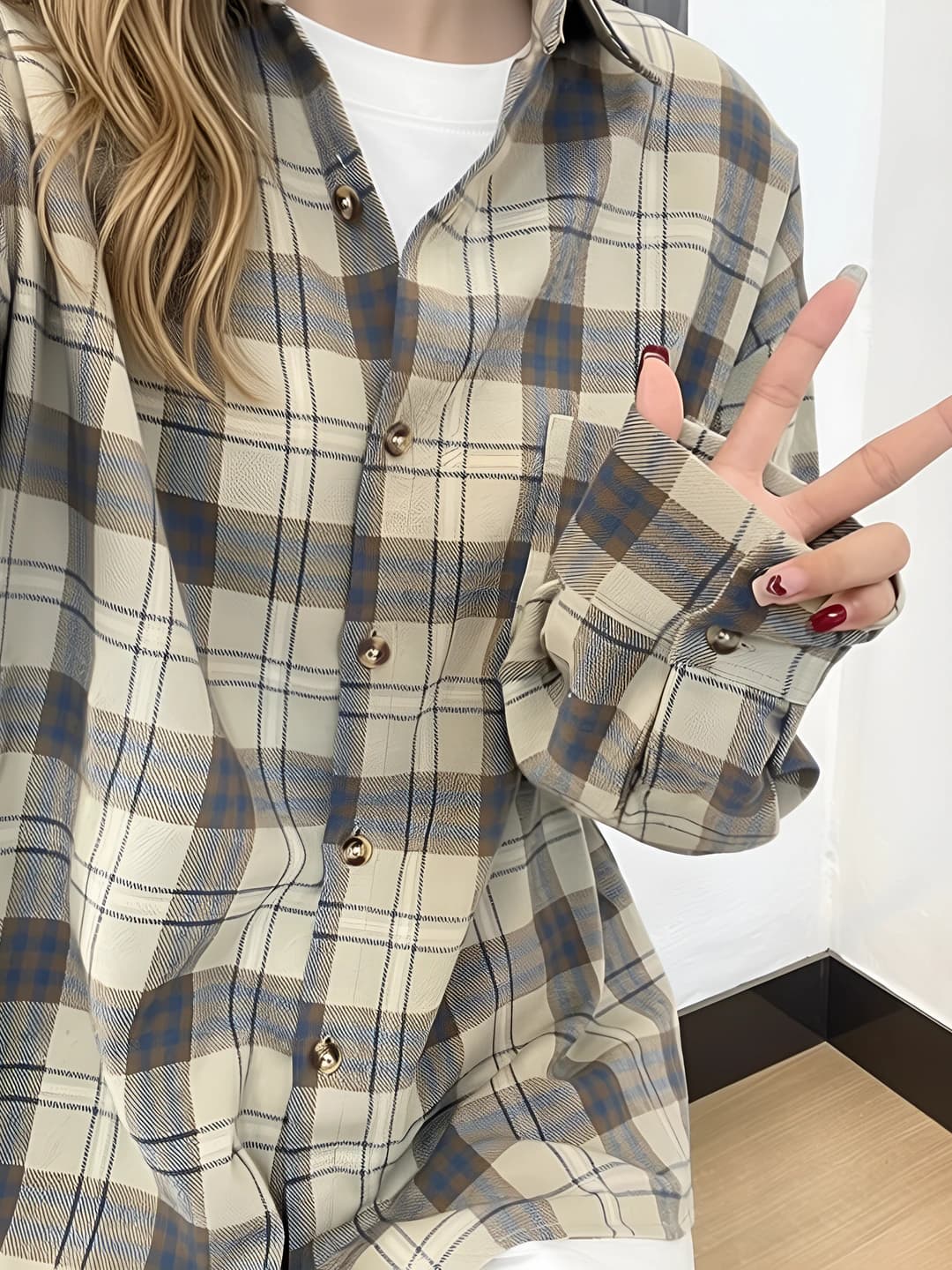 Women's retro checked long sleeve shirt, Korean style, loose fit, casual