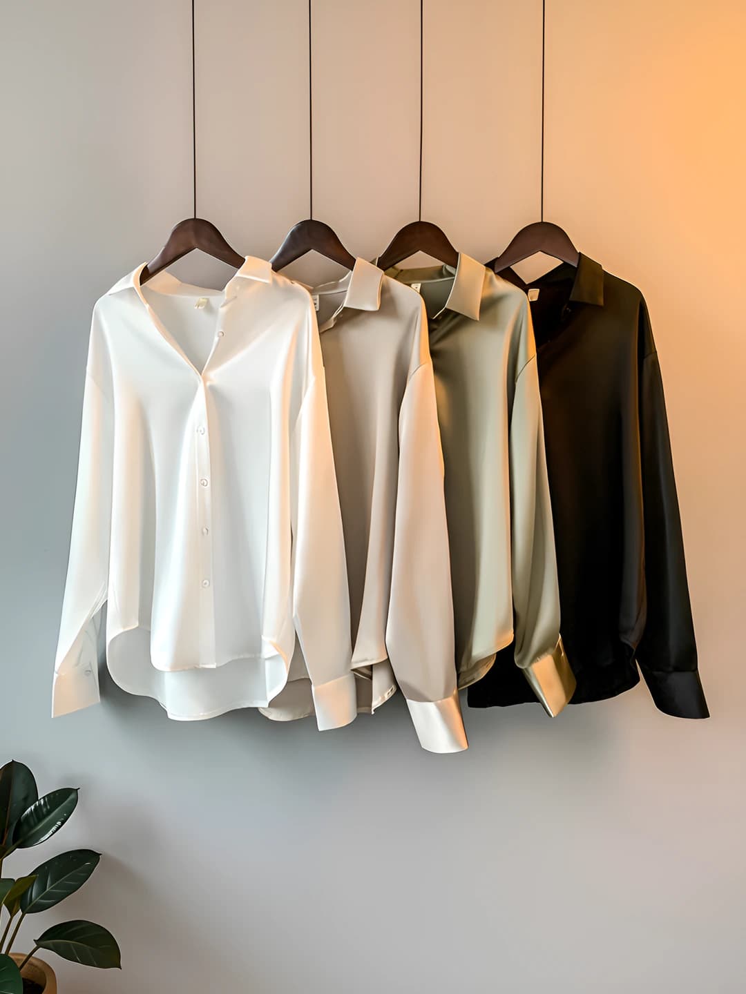 Ayollar uchun bahor-yoz quyoshdan himoyalovchi, bir rangli, bo'sh (oversize) kesimli, uzun yengli, saten bluzka