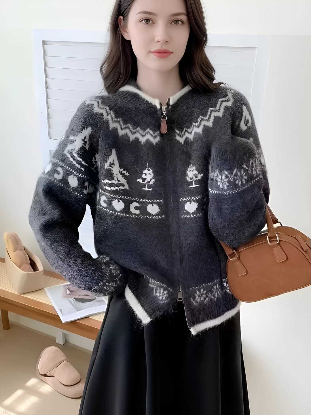 Women's retro cardigan with high neck, crew neck, long sleeve, loose fit and zip, autumn-winter