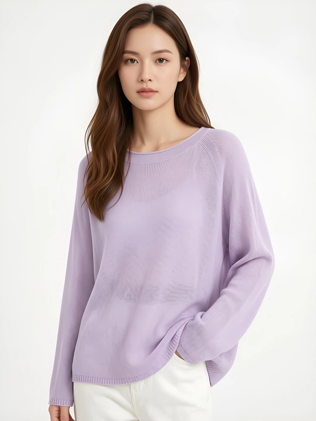 Women's thin knit top for summer, crew neck, long sleeve, loose fit, solid colour, OL style