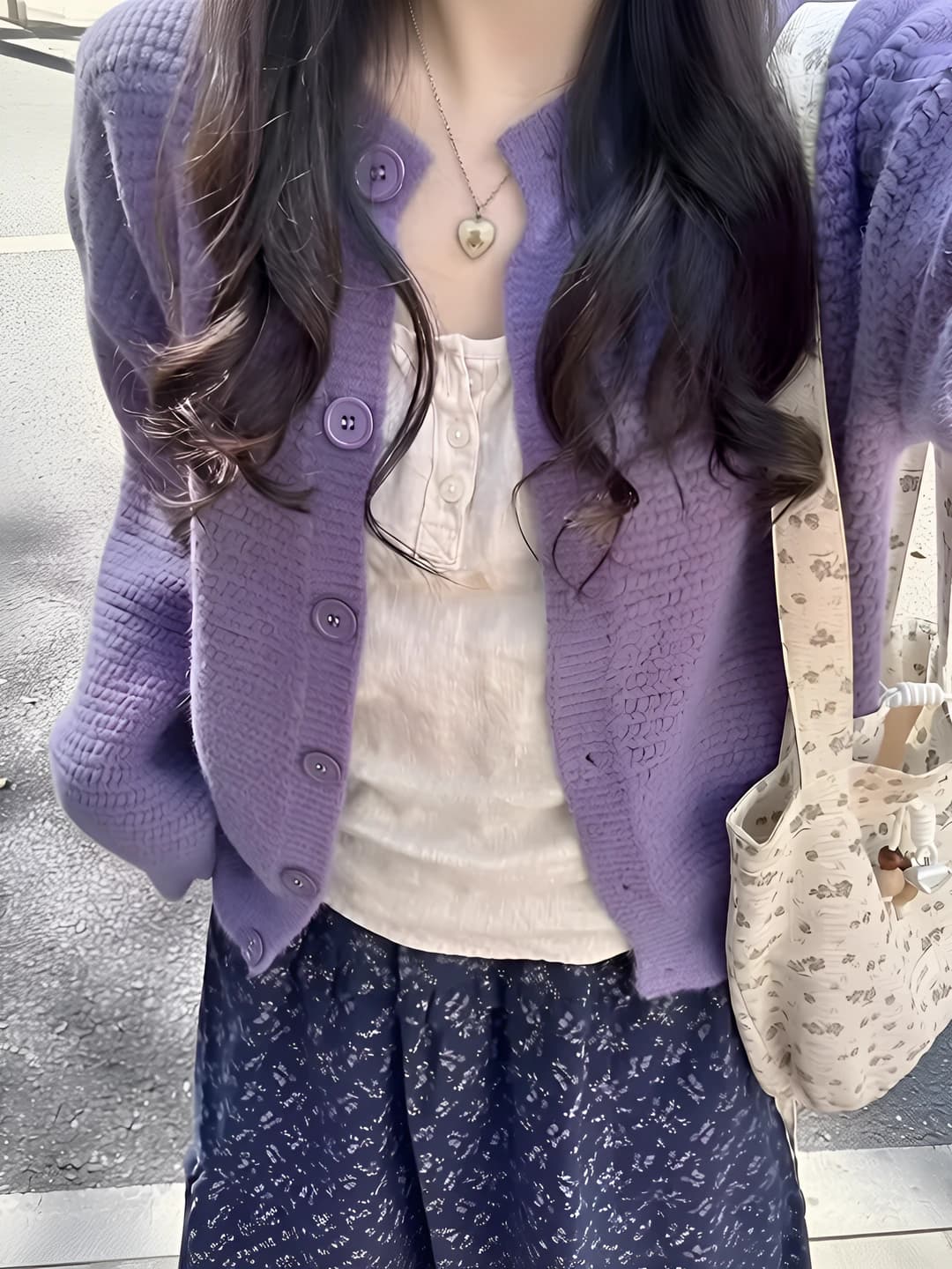 Women's 2026 spring knit cardigan, purple, loose fit, crew neck, long sleeve, closed design
