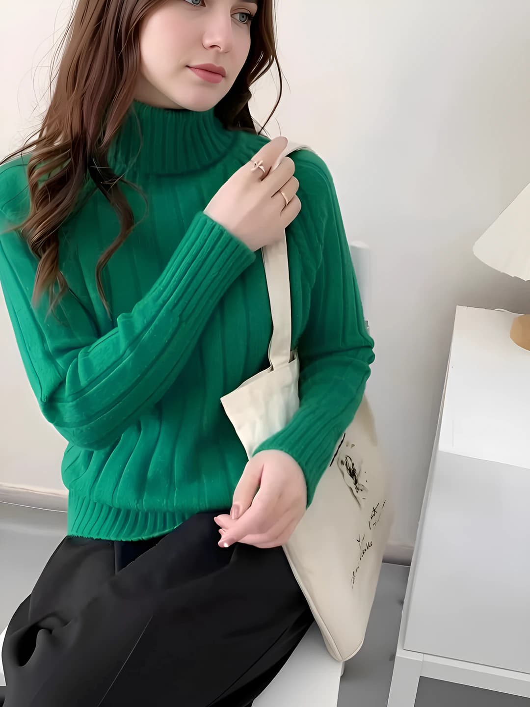 Ayollar uchun kuz-qish mavsumi uchun bir rangli, baland yoqali, bo'sh (oversize) kesim, uzun yengli, qalinlashtirilgan sviter