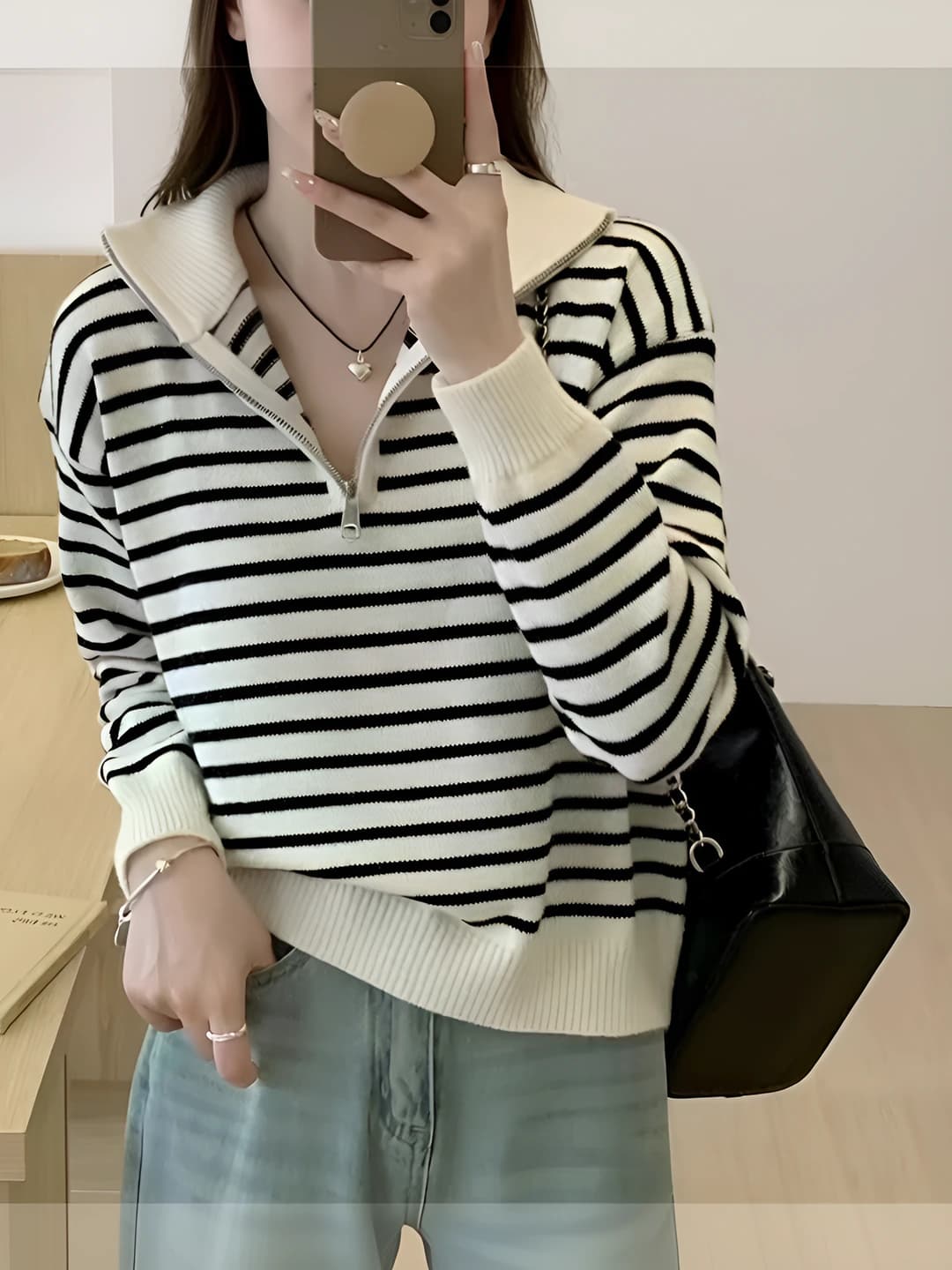 Women's autumn-winter striped half-zip knit pullover sweater, loose fit, cropped, long sleeve, Korean style