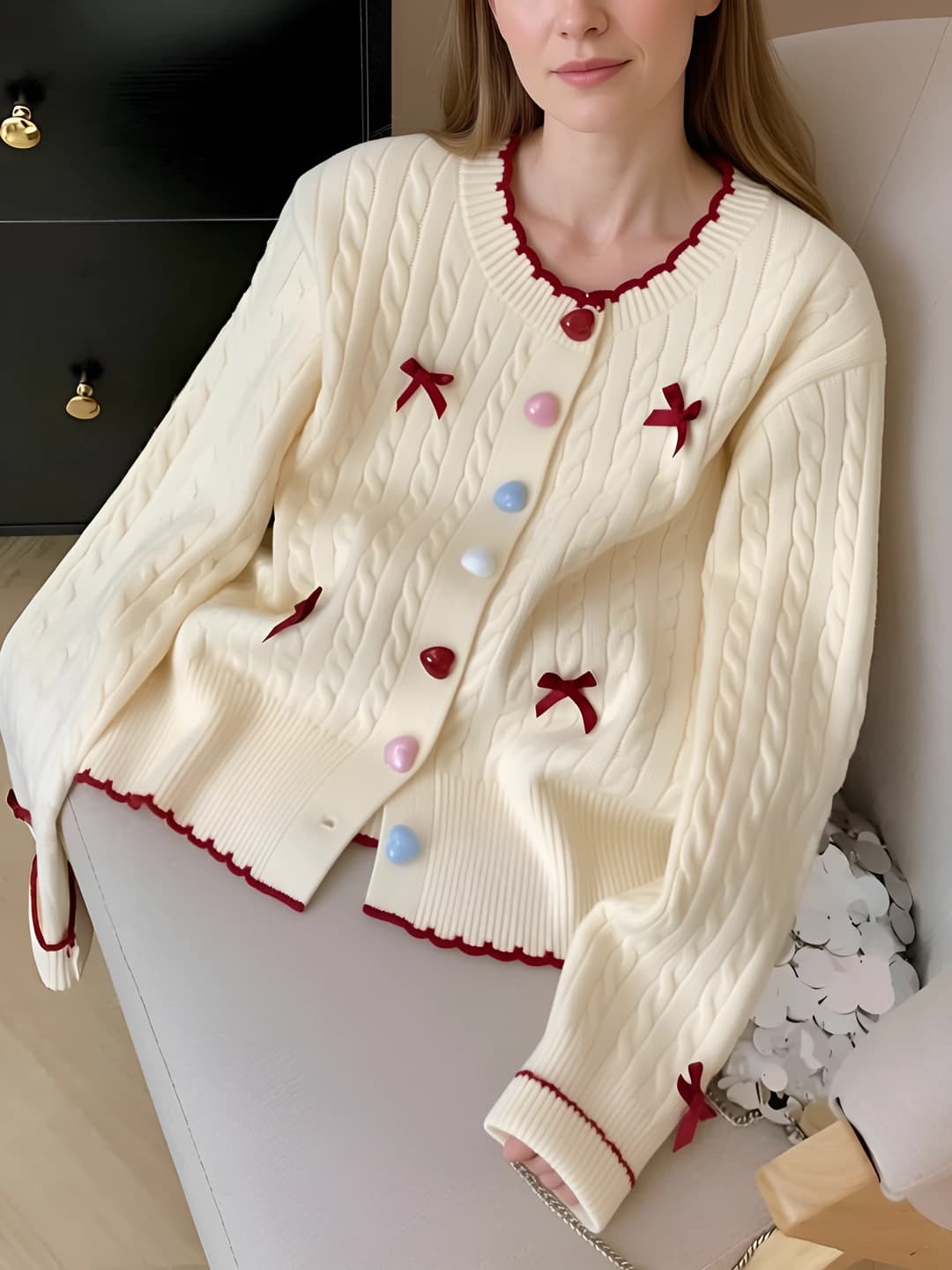 Women's 2026 spring-autumn french sweet style petite straight shoulder long sleeve knit top cardigan