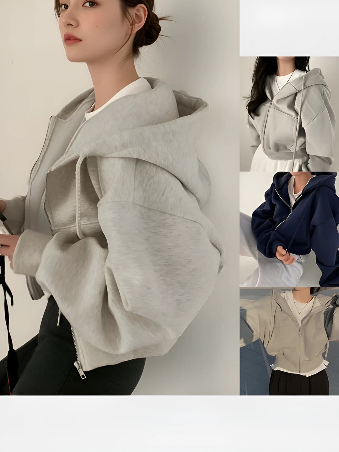 Women's zip-up hoodie for autumn 2026, long sleeve, solid colour, loose fit, polyester