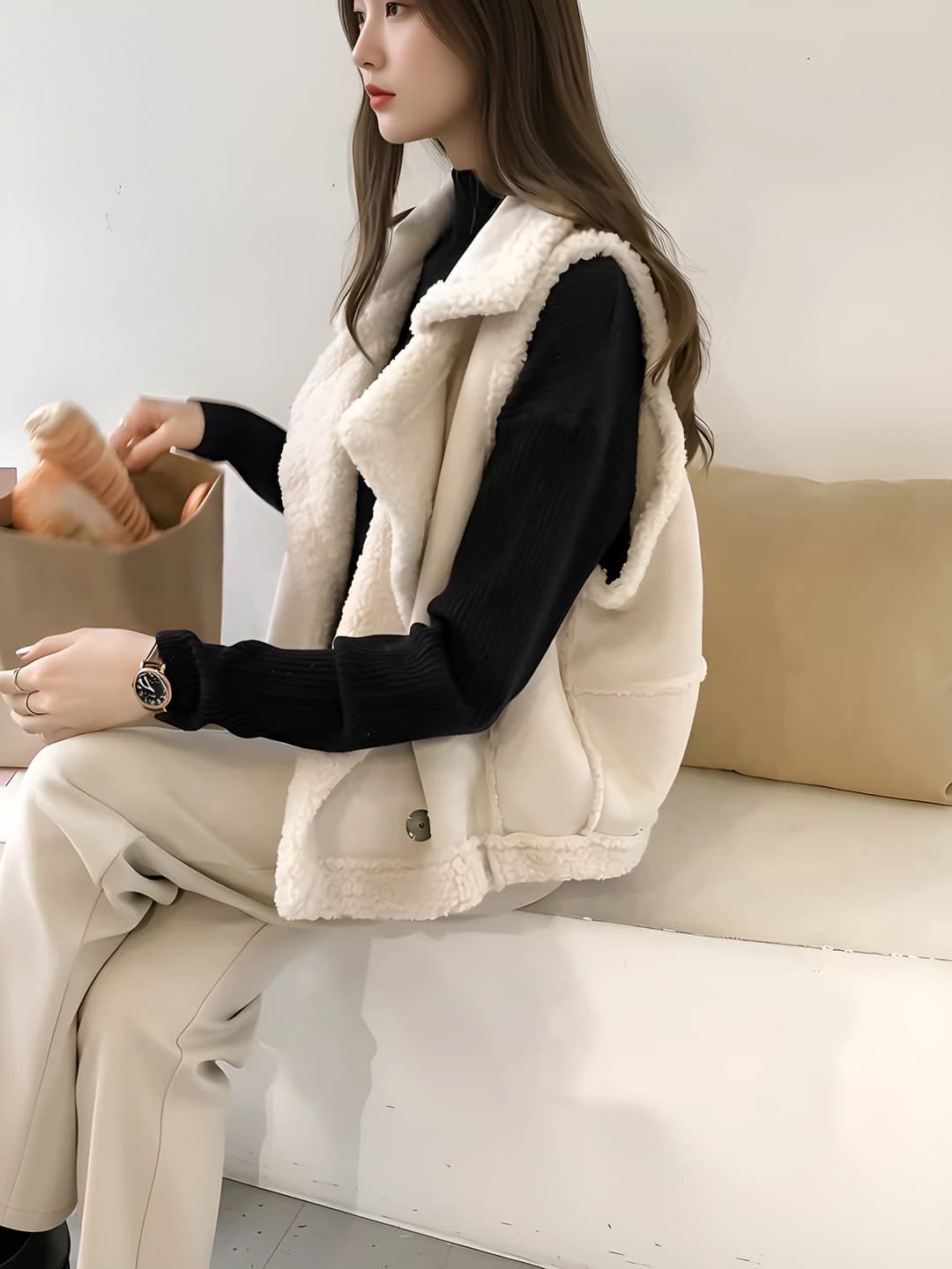 Ayollar uchun junli jilet, kuz-qish, katta o'lcham, bo'sh (oversize), yengsiz, qaytarma yoqa, bir rangli, kundalik