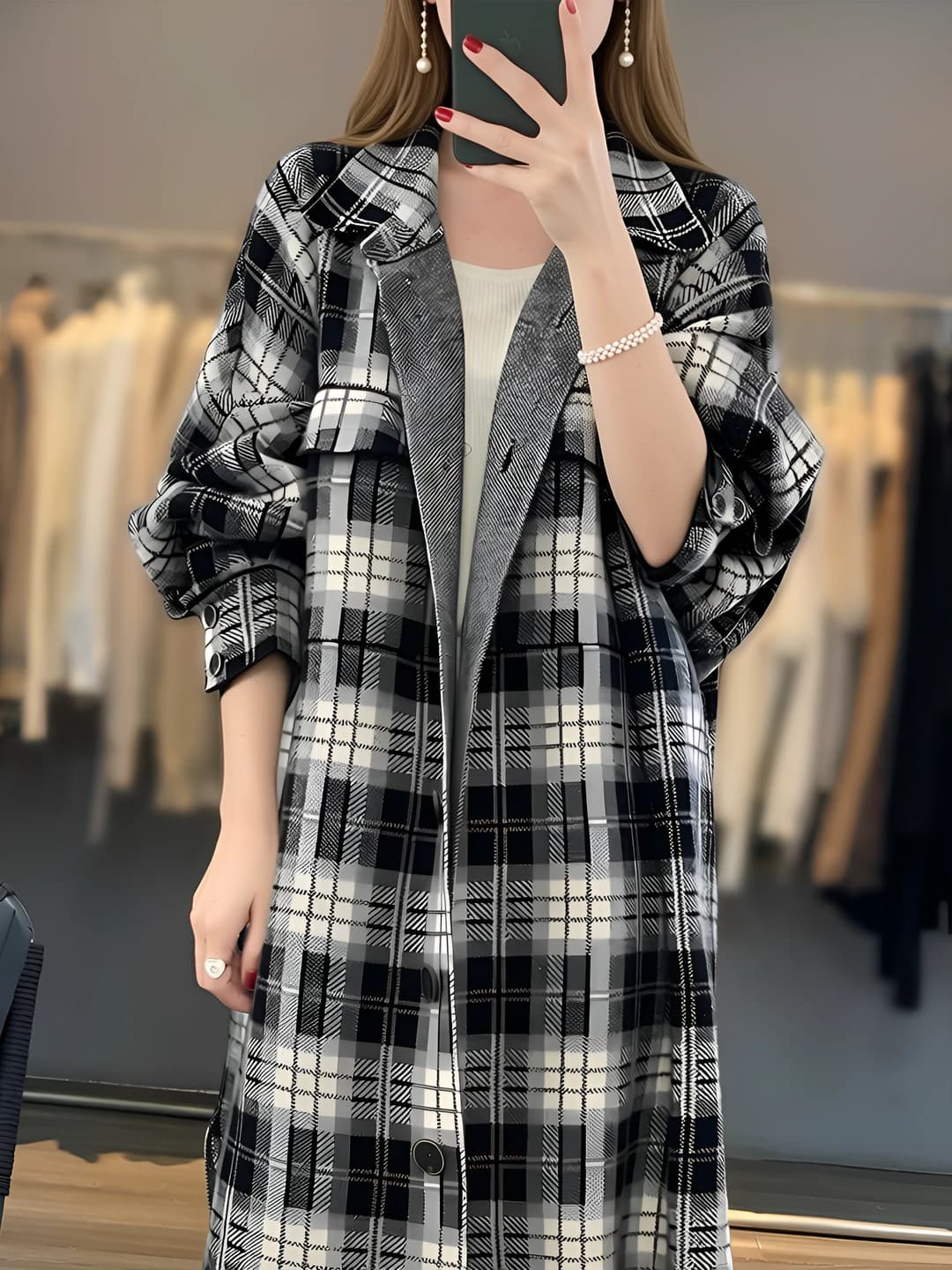 Women's retro checked wool knit cardigan, loose fit, long sleeve, thickened, autumn-winter