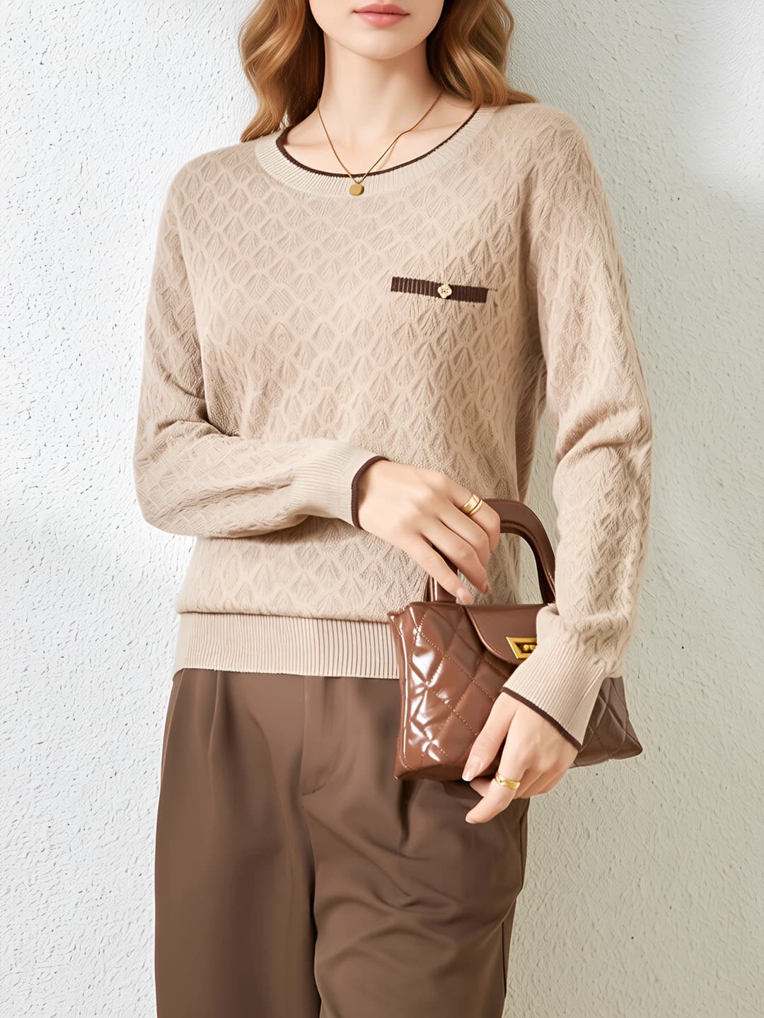 2026 autumn women's crew neck knit pullover sweater in wool and mulberry silk, long sleeve, loose fit, slimming, casual style