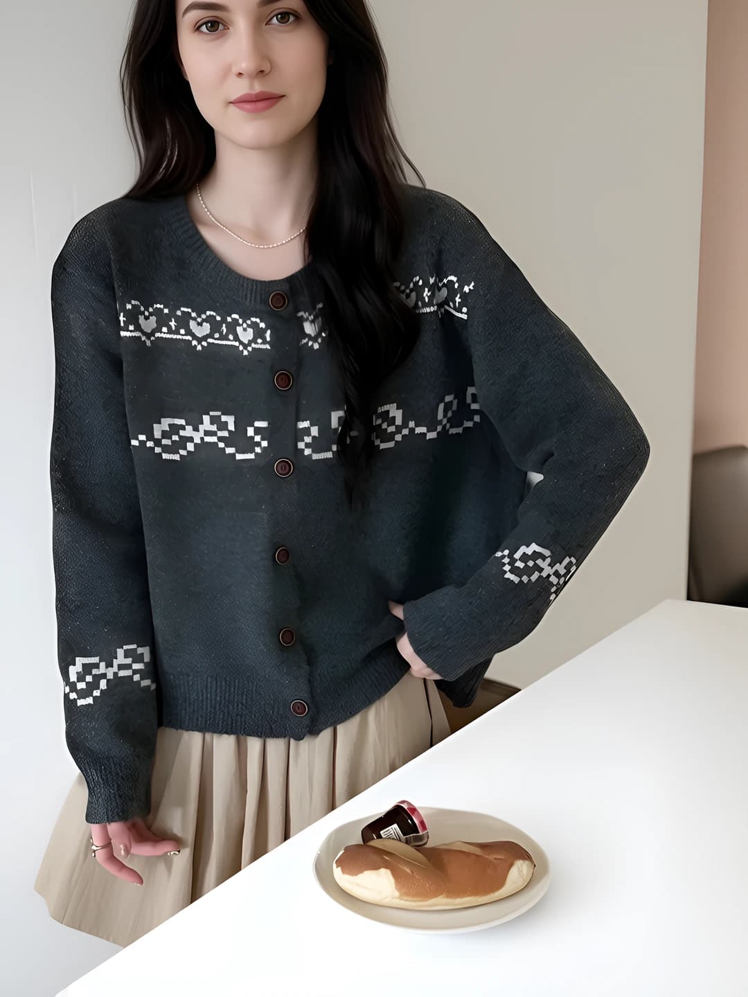 Women's Korean style embroidered striped knit cardigan, autumn-winter, crew neck, long sleeve, loose fit, solid colour