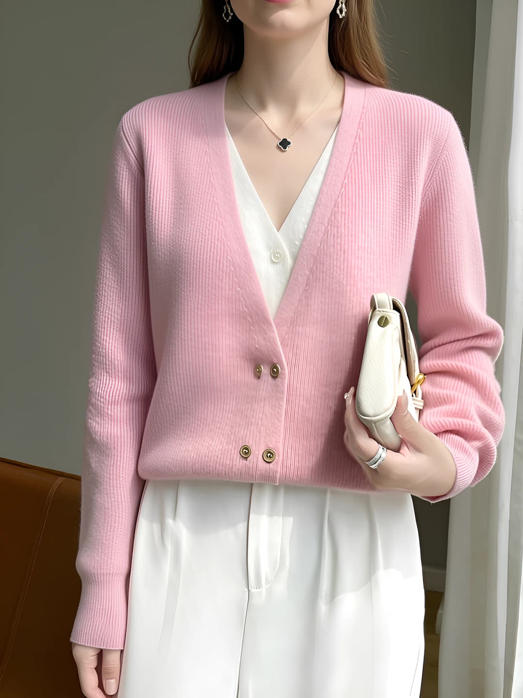 Women's autumn-winter V-neck cardigan made of 100% wool and cashmere, long sleeve