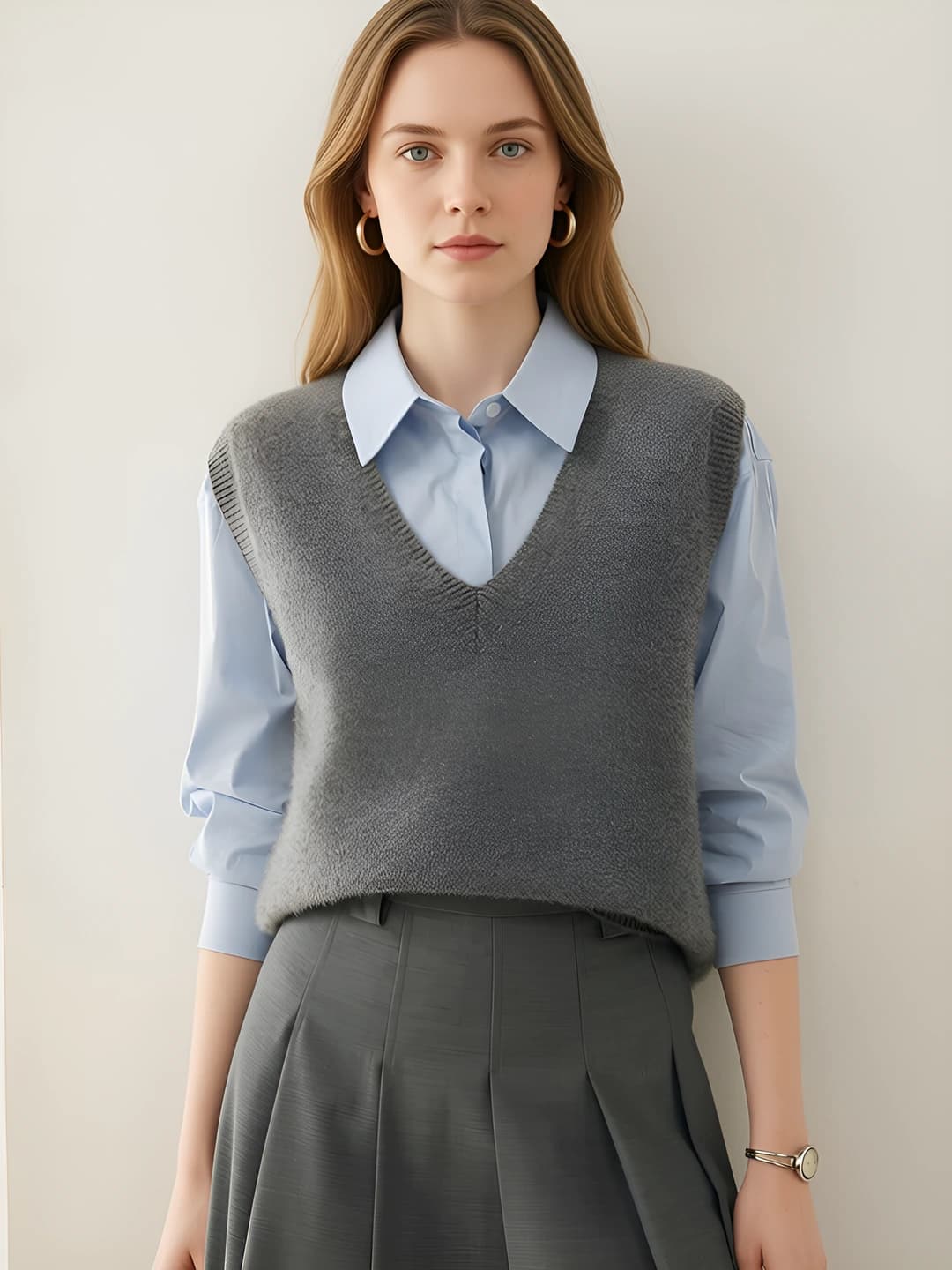 Ayollar uchun kashemir jilet, kuz-qish, V-yoqa, qalinlashtirilgan, yengsiz, bo'sh (oversize) kesim, bir rangli