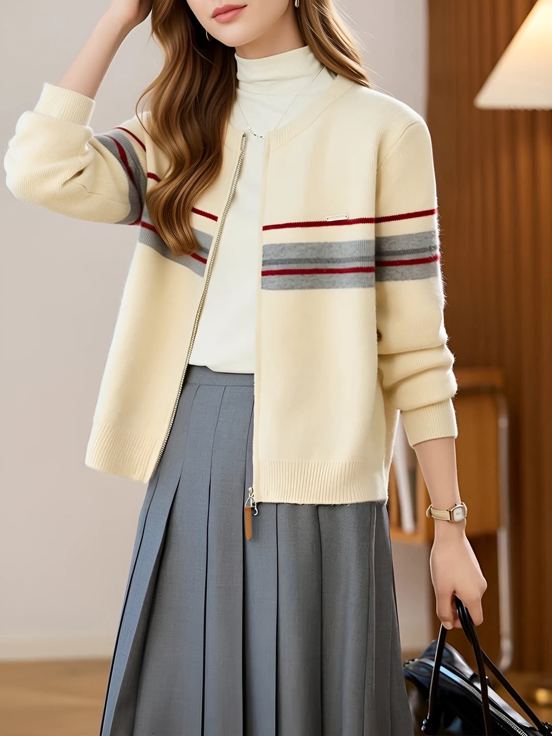 Women's zip-up knit cardigan, crew neck, long sleeve, casual style, 2026