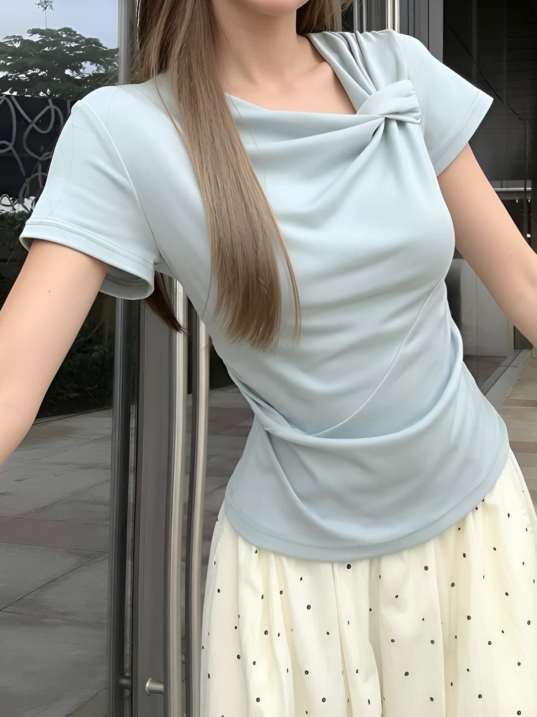 Women's short sleeve slim fit t-shirt, blue, twisted collar, pleated, solid colour, summer