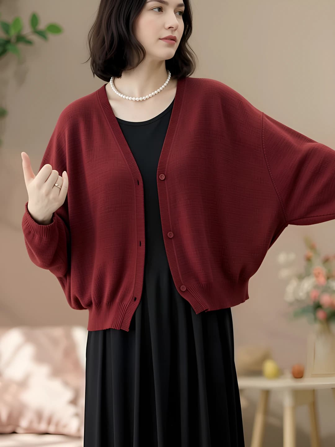 Ayollar uchun retro uslubdagi V-yoqali, uzun yengli, bir rangli, bo'sh (oversize) kesimdagi, nozik ko'rsatadigan trikotaj kardigan