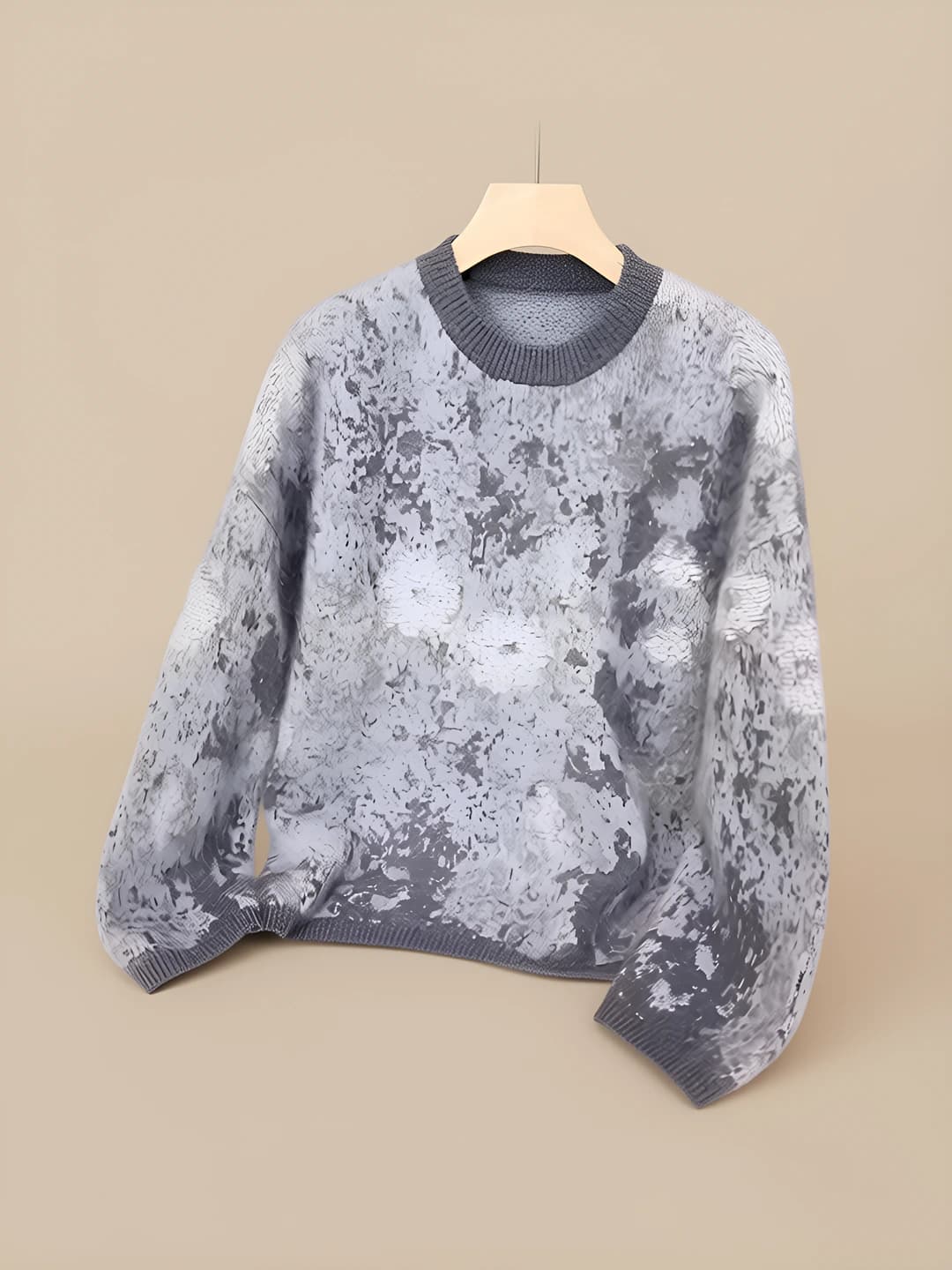 Women's cashmere and wool knit top, crew neck, loose fit, long sleeve, autumn-winter, thick, embroidered