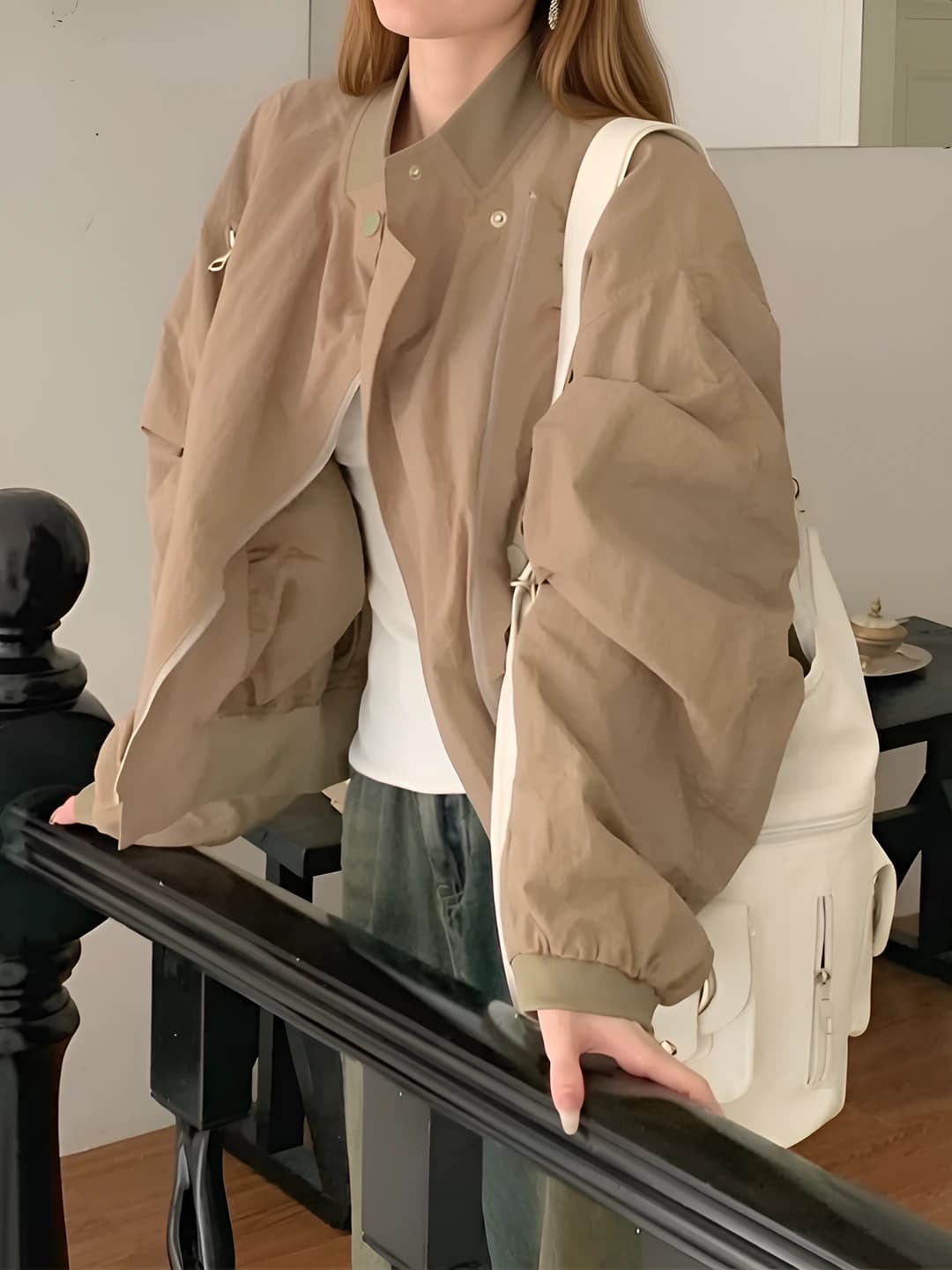 Women's light jacket and windbreaker with stand collar, spring-autumn, retro, casual, loose fit, slimming, long sleeve, zip, solid colour