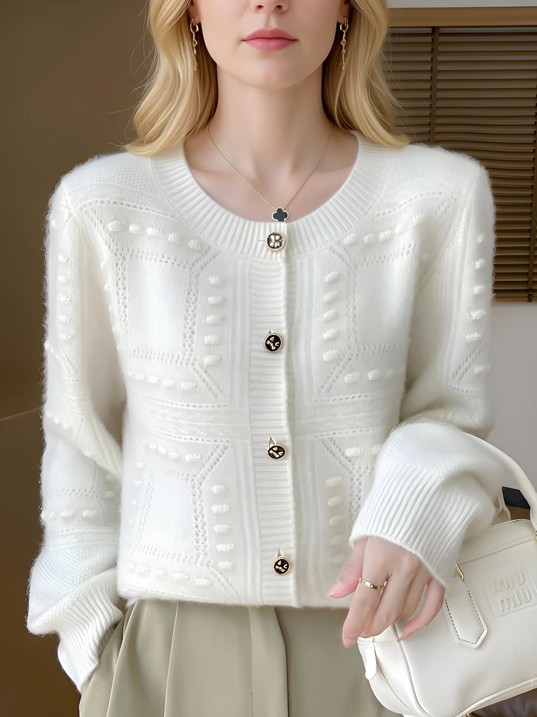2026 autumn-winter women's 100% wool and cashmere crew neck loose fit cardigan