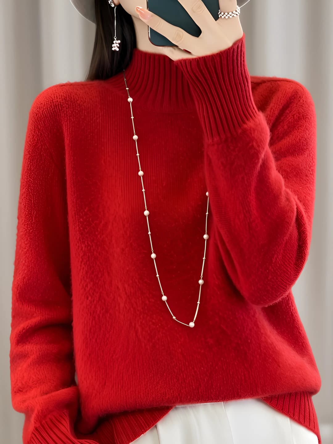 Women's wool and cashmere sweater with mock neck, long sleeve, loose fit, thickened, business style