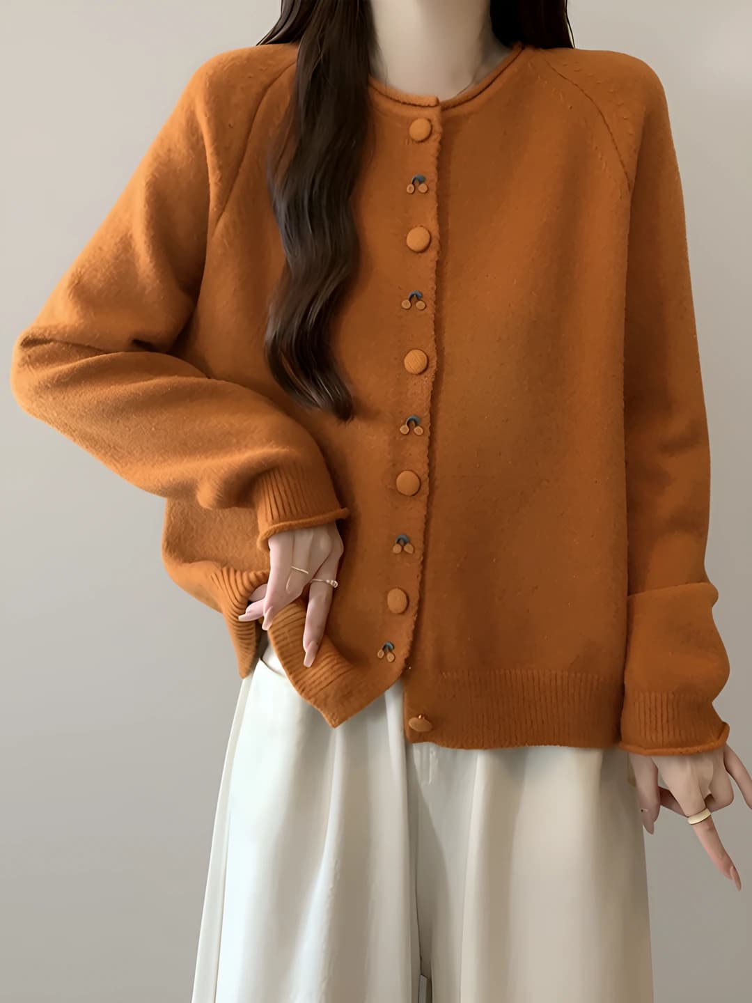 Women's 2026 autumn short knit cardigan, plus size, loose fit, slimming, crew neck, long sleeve, button closure
