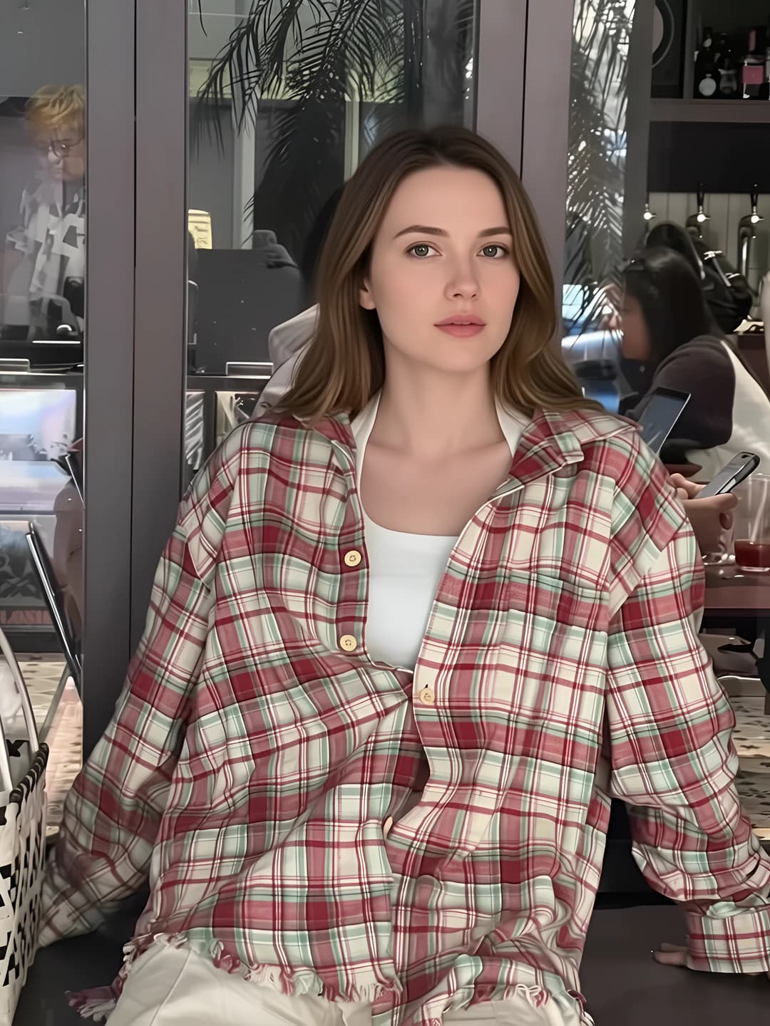 Women's summer checked shirt, retro style, loose fit, long sleeve, lapel collar, slimming and sun-protective