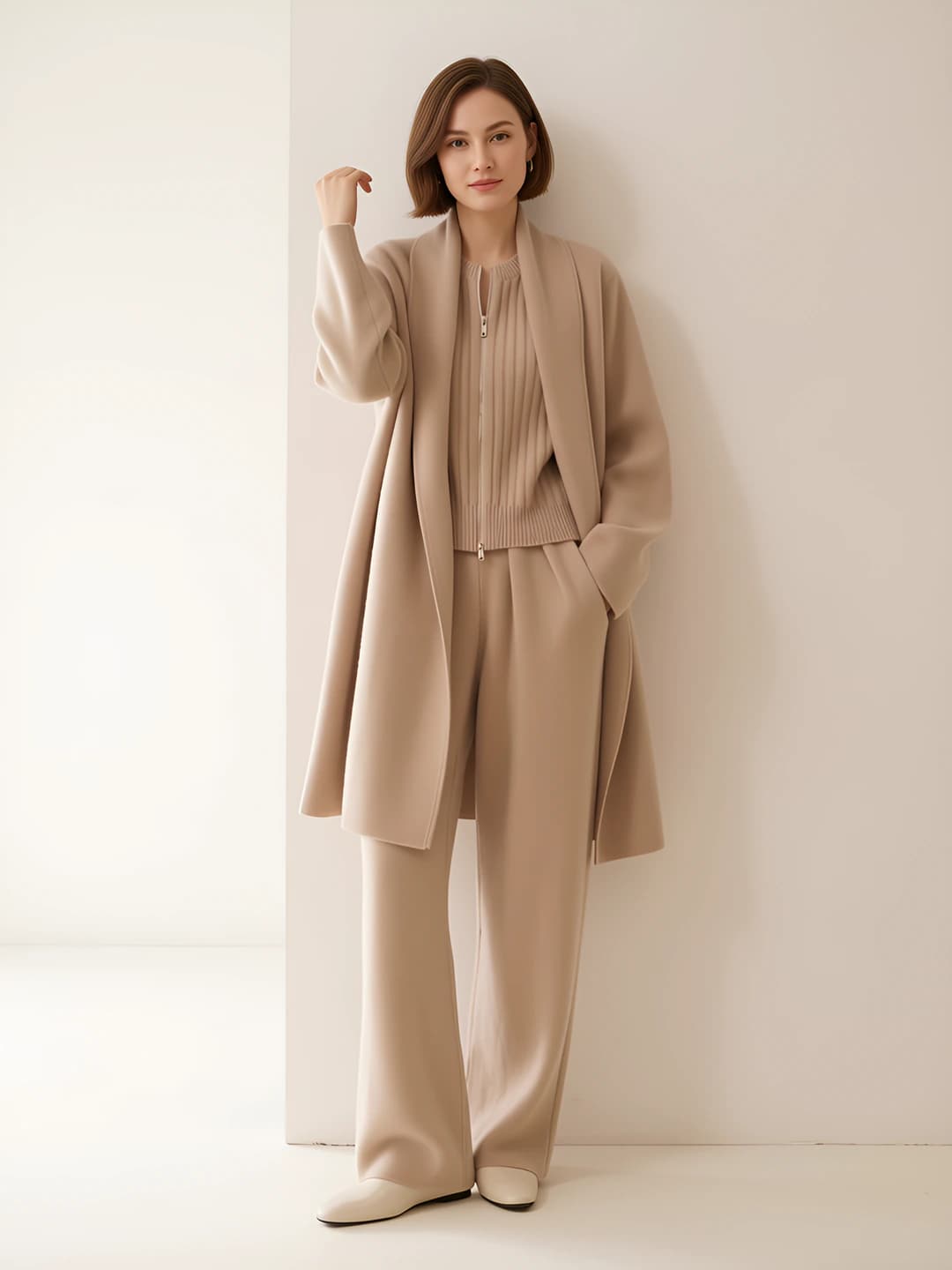 Women's autumn-winter cashmere knit cardigan, lapel collar, loose fit, long, casual