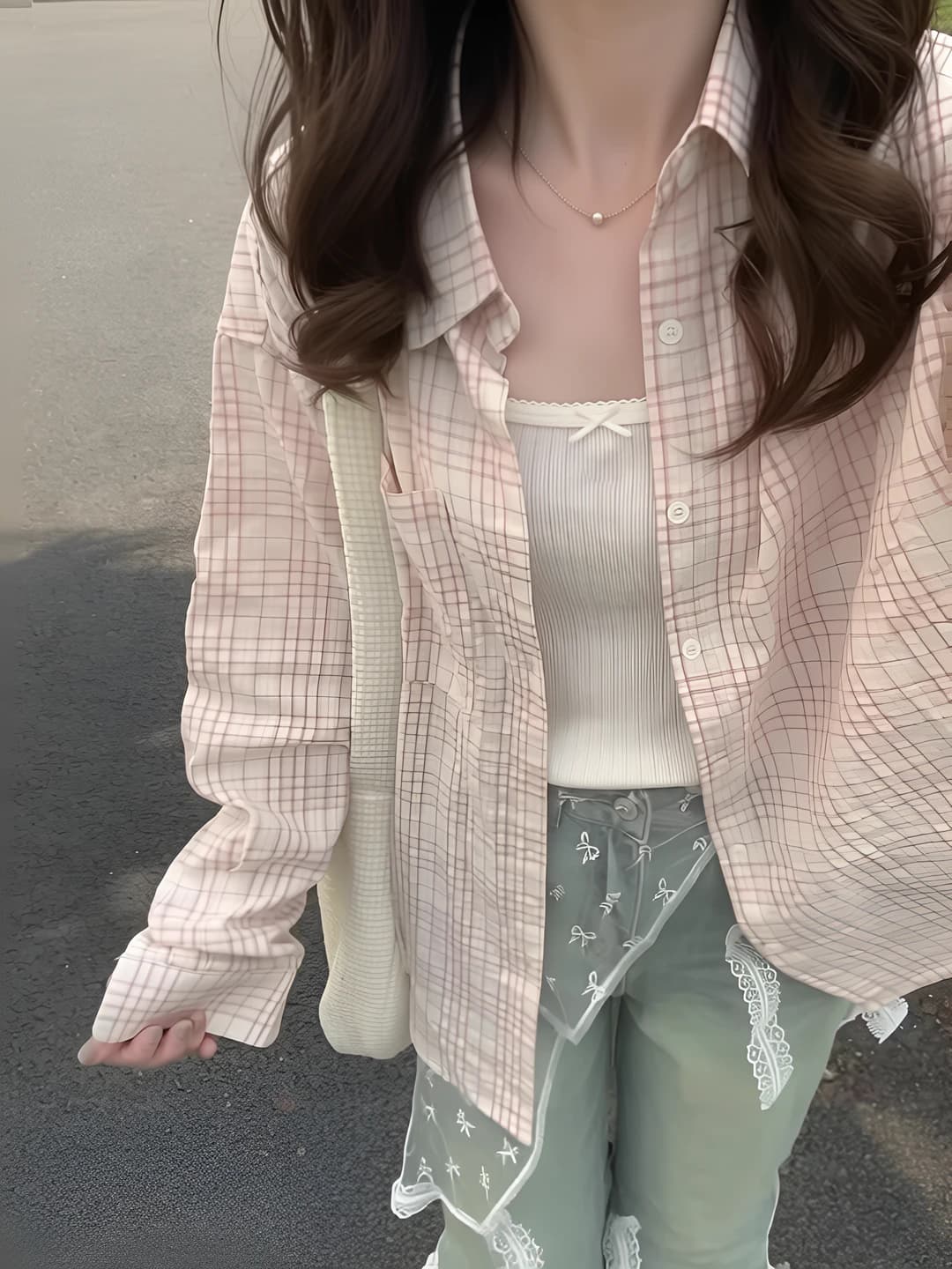 Women's spring-summer casual checked long-sleeve shirt with POLO collar, loose fit