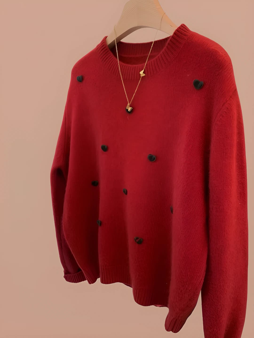 Women's autumn-winter embroidered knit pullover sweater, loose fit, crew neck, long sleeve, mid-length, heart pattern, casual style