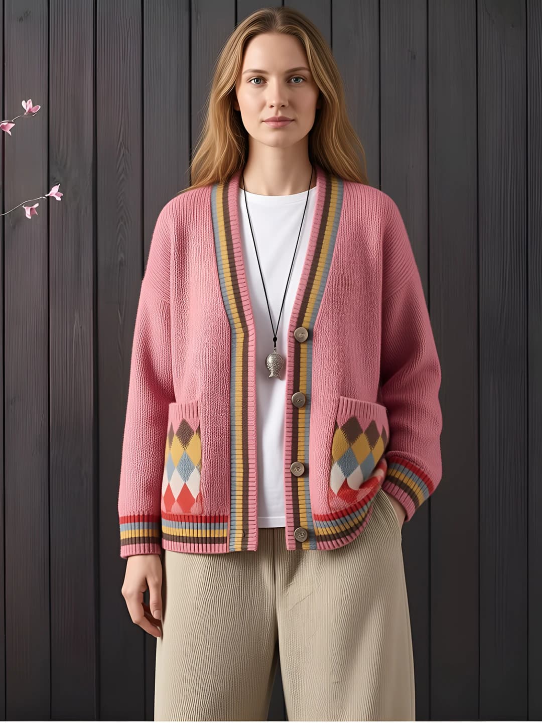 Women's knit cardigan, autumn-winter, loose fit, V-neck, long sleeve, Korean style, casual, geometric pattern, polyester