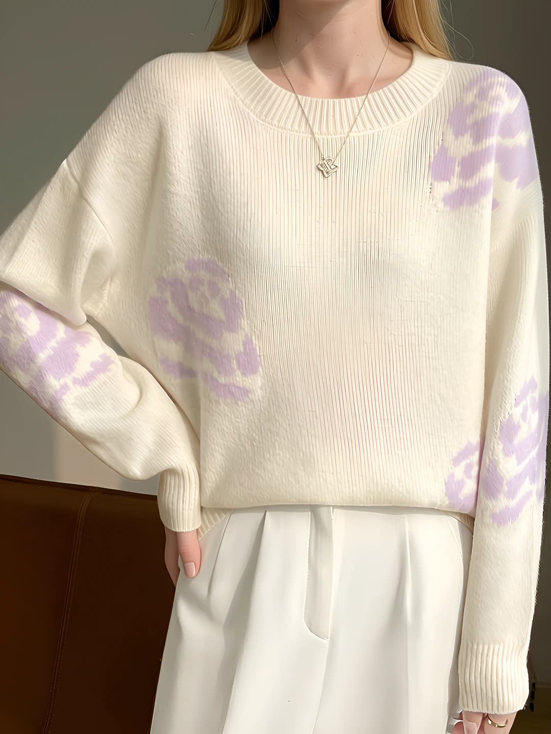 Women's 100% wool sweater, crew neck, long sleeve, loose fit, thick, cashmere blend