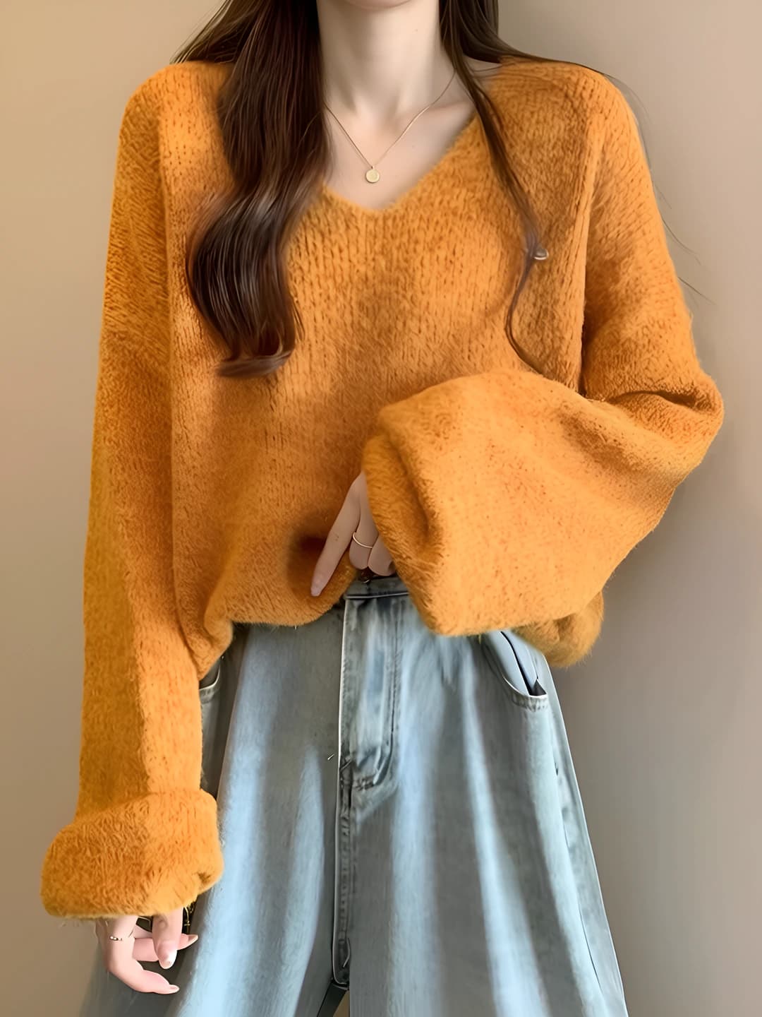 Women's retro knit sweater, thickened, Korean style, loose fit, V-neck, long sleeve, autumn-winter