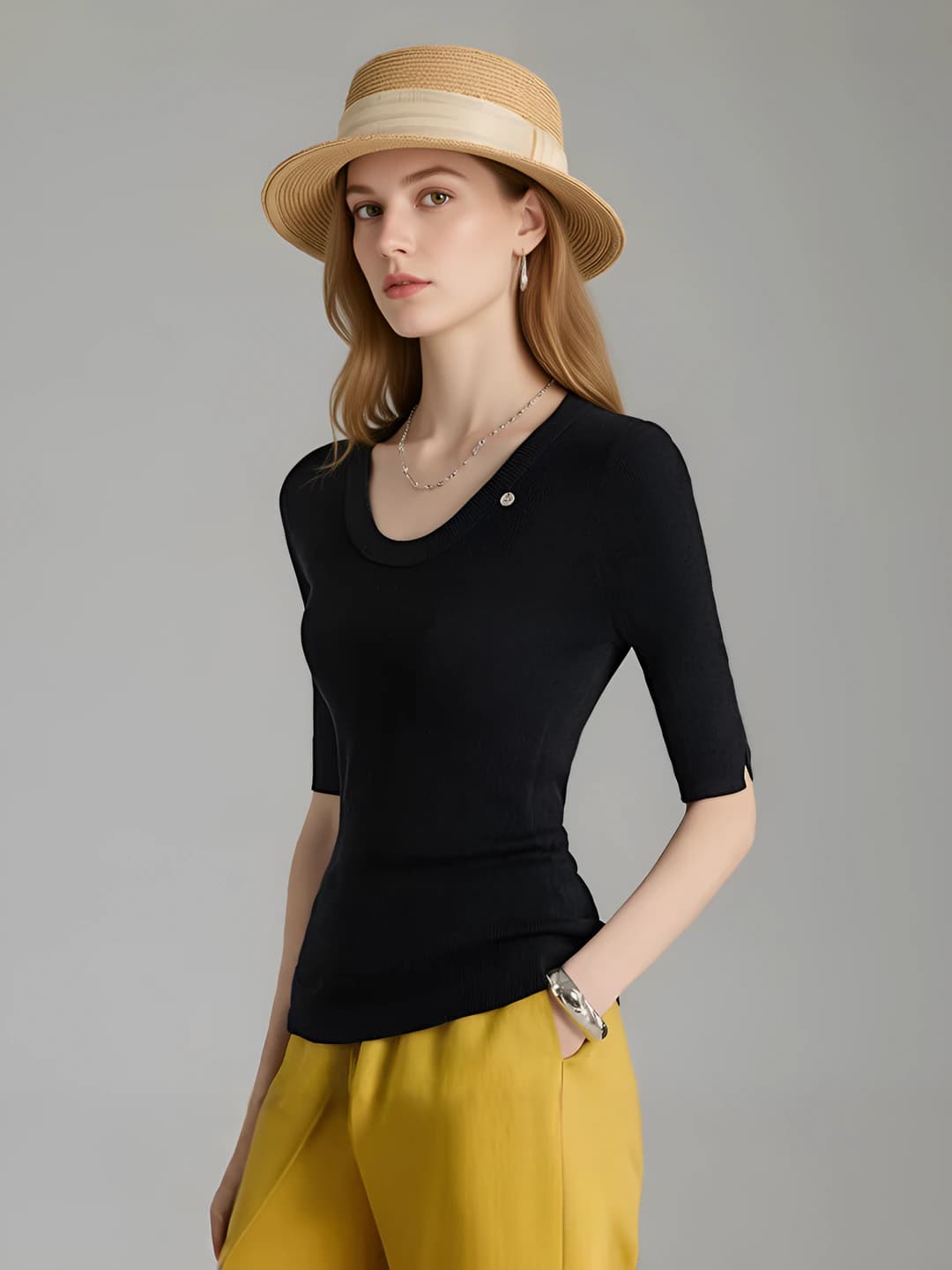 Women's knit top with mulberry silk and wool, U-neck, elbow-length sleeve, slim fit, slimming, solid colour, metal button