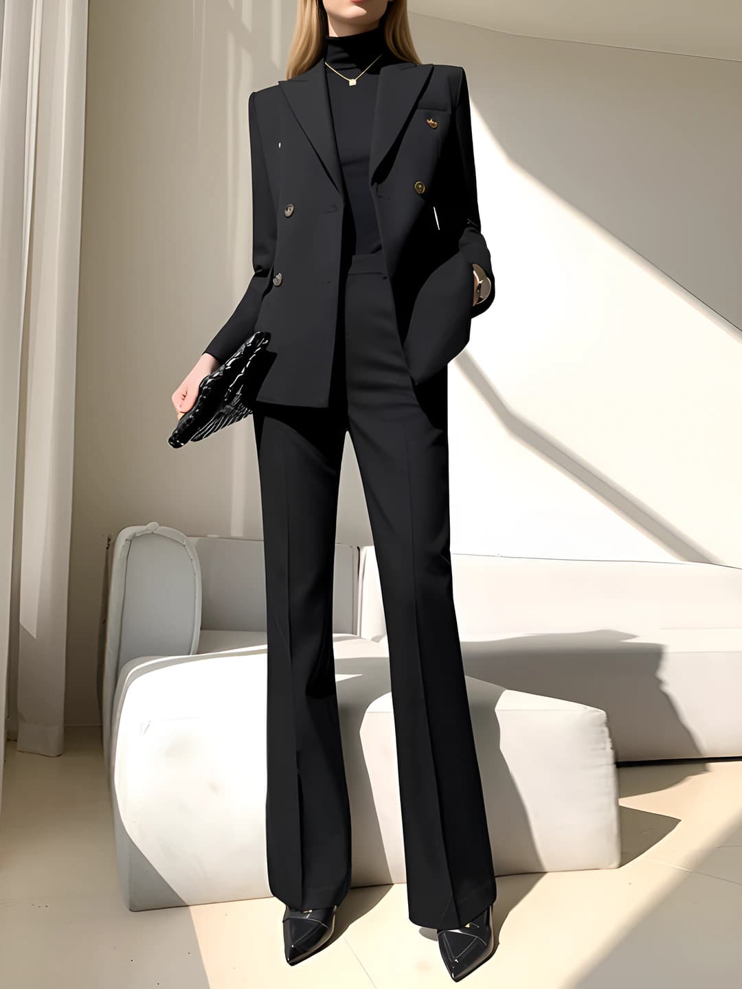 Women's slim fit blazer and trousers set, black, autumn-winter, casual