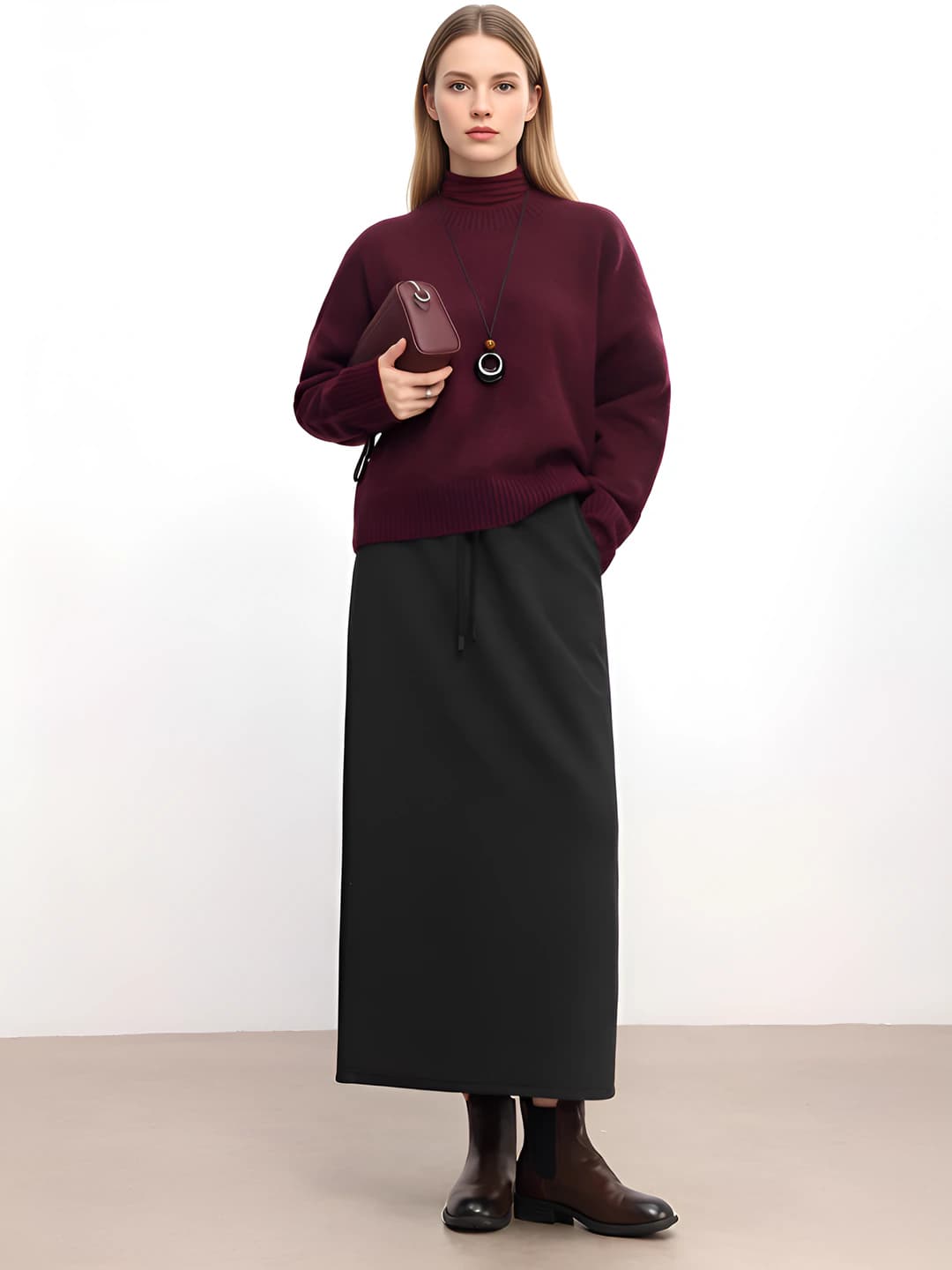 Women's straight cut long skirt, warm, high waist, loose fit, solid colour, stretch, with wool