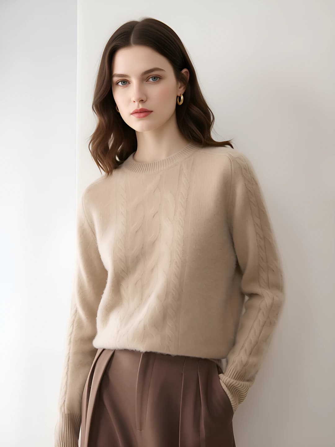 Women's 100% cashmere sweater, crew neck, cable knit, long sleeve, thickened, warm, loose fit, autumn-winter, casual long-sleeve base top