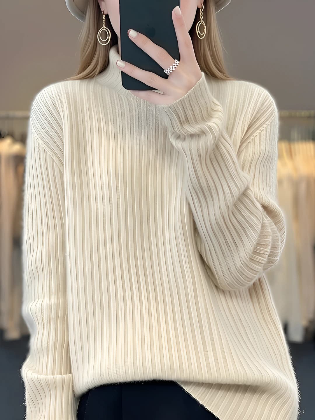 Women's 95% wool turtleneck sweater, high neck, long sleeve, medium thickness, casual style
