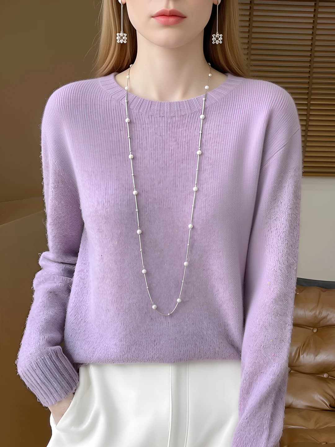 Women's wool sweater with crew neck and long sleeve, 3D pattern, thick, 95% wool