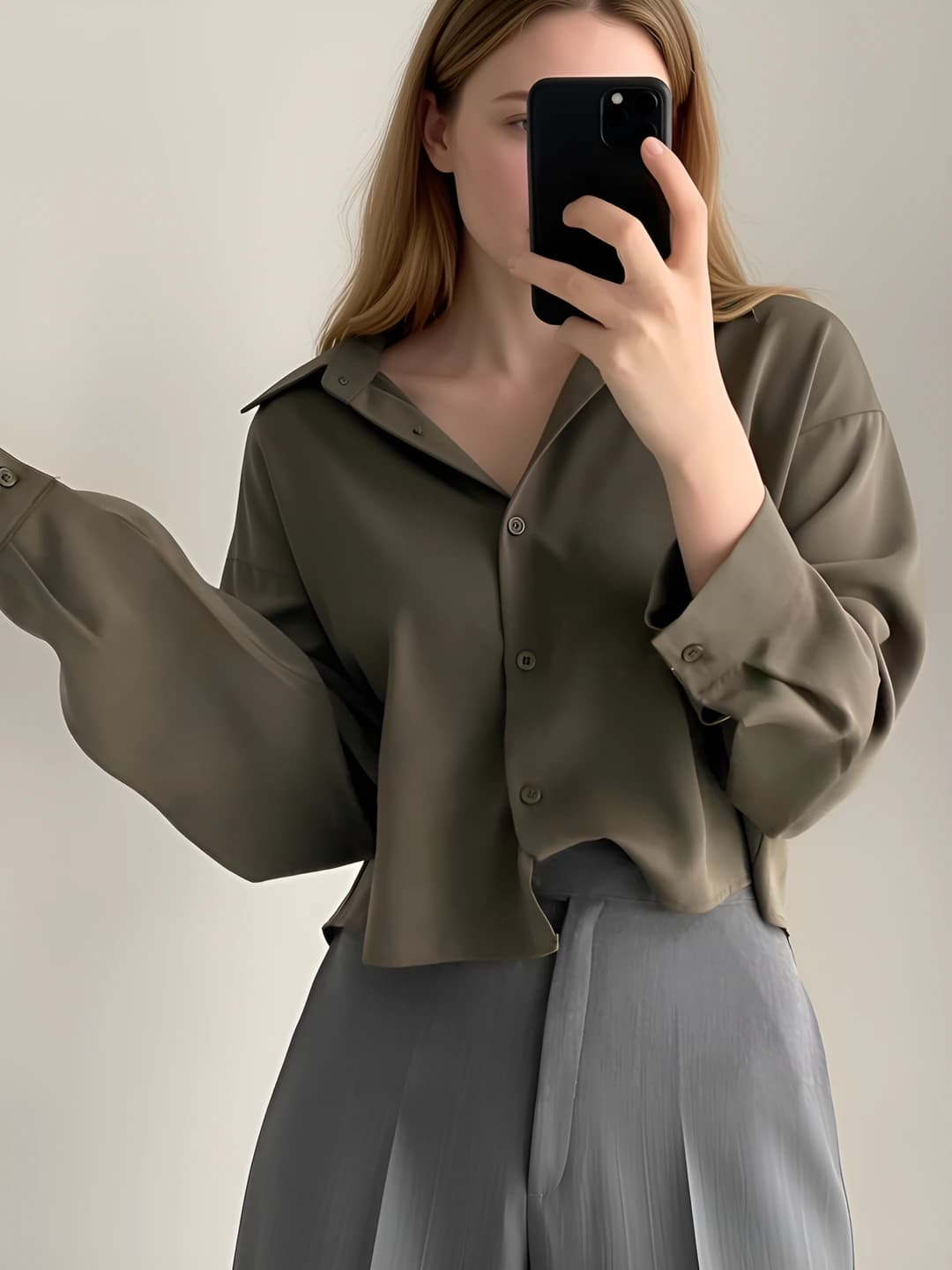 Women's retro blouse with lapel collar, long sleeve, cropped
