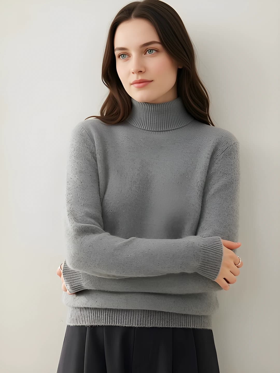 Women's cashmere turtleneck sweater with high neck and lapel collar, solid colour, loose fit, thick, long sleeve