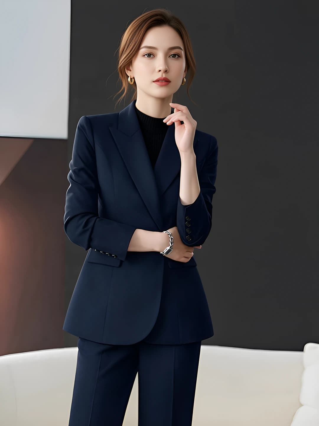 Bluish-black, long sleeve, suit