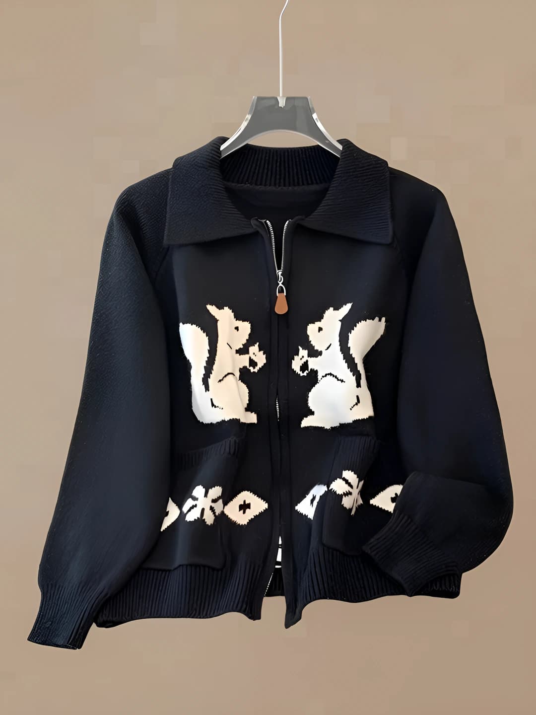 Women's thickened zip cardigan, lapel collar, long sleeve, loose fit, embroidered, for early spring